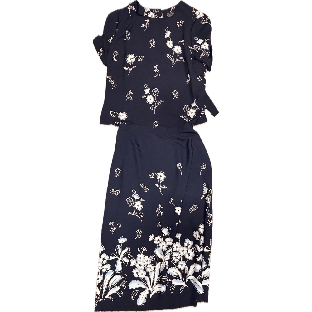 Laura Scott Floral Skirt Set Navy Blue Blouse & Midi Skirt Plus Size 18W 16W